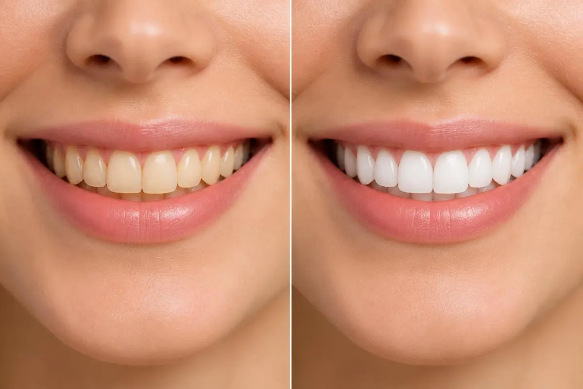 Illustration of teeth before and after a course of LED-activated peroxide whitening