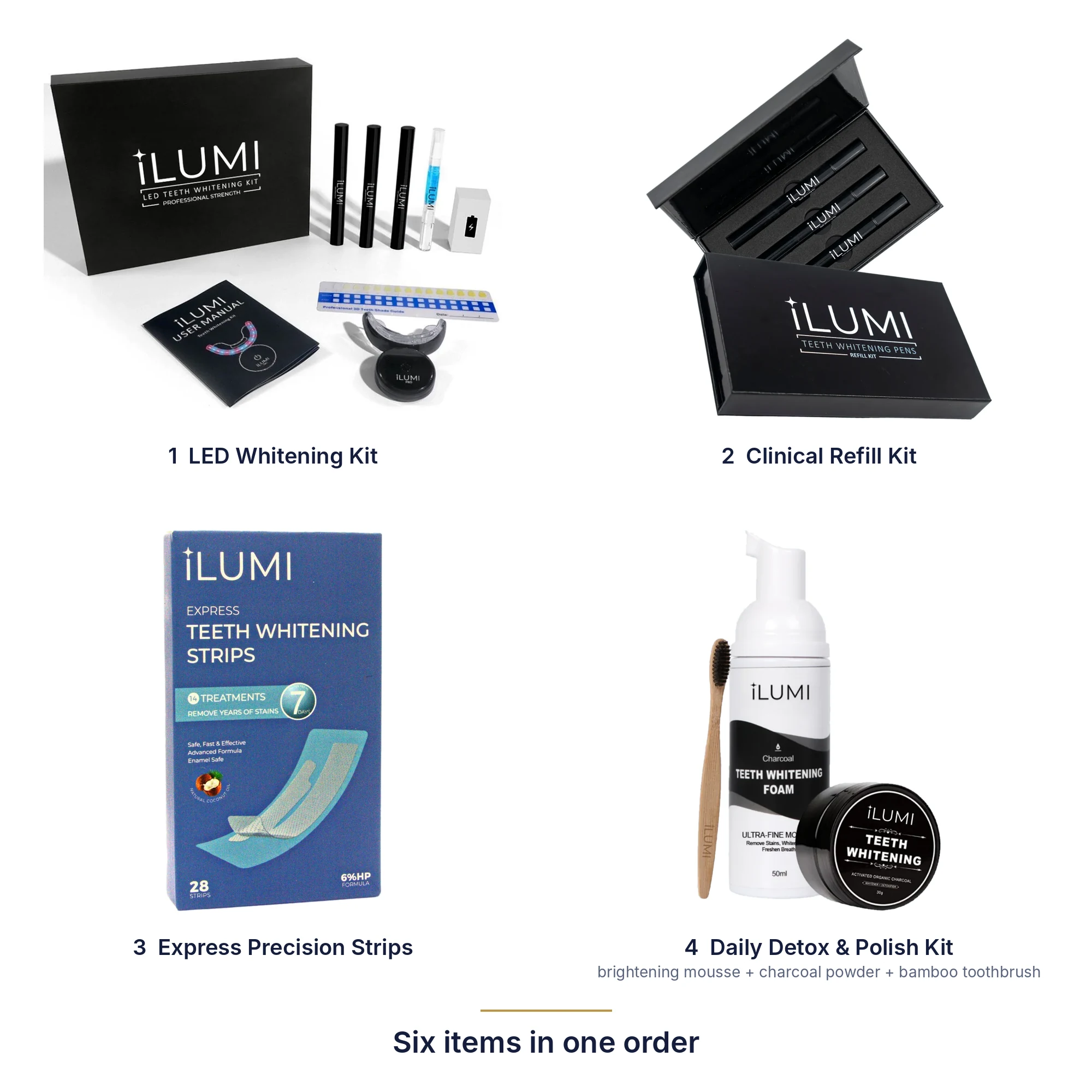 The six items in the ILUMI Complete Whitening System: LED Whitening Kit, Clinical Refill Kit, Express Precision Strips, and the Daily Detox & Polish Kit with brightening mousse, charcoal powder and a bamboo toothbrush
