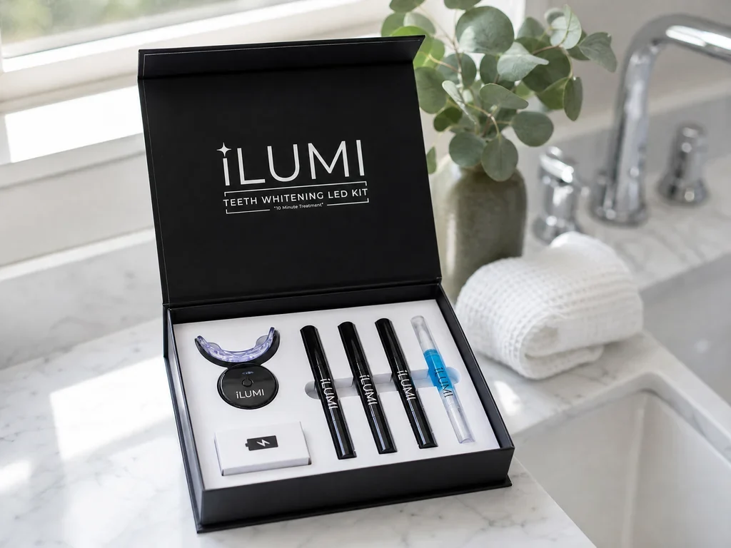Open ILUMI Teeth Whitening LED Kit box showing the cordless LED device, charging cable, three whitening gel pens and a blue desensitizing gel pen