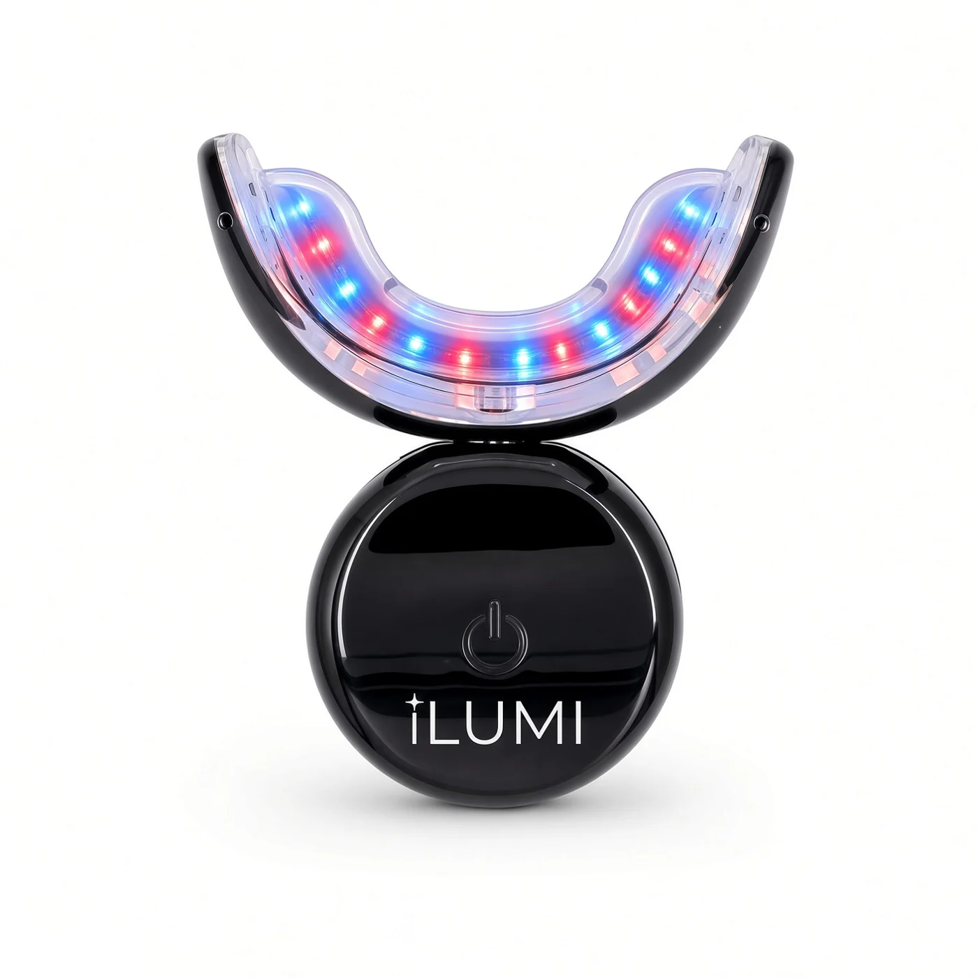 ILUMI LED whitening mouthpiece with its red and blue lights on, on a white background