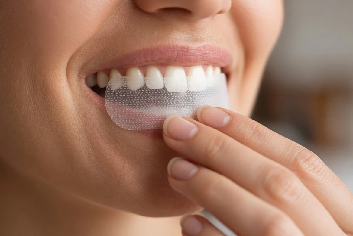 Close-up of a woman pressing a clear whitening strip onto her upper teeth
