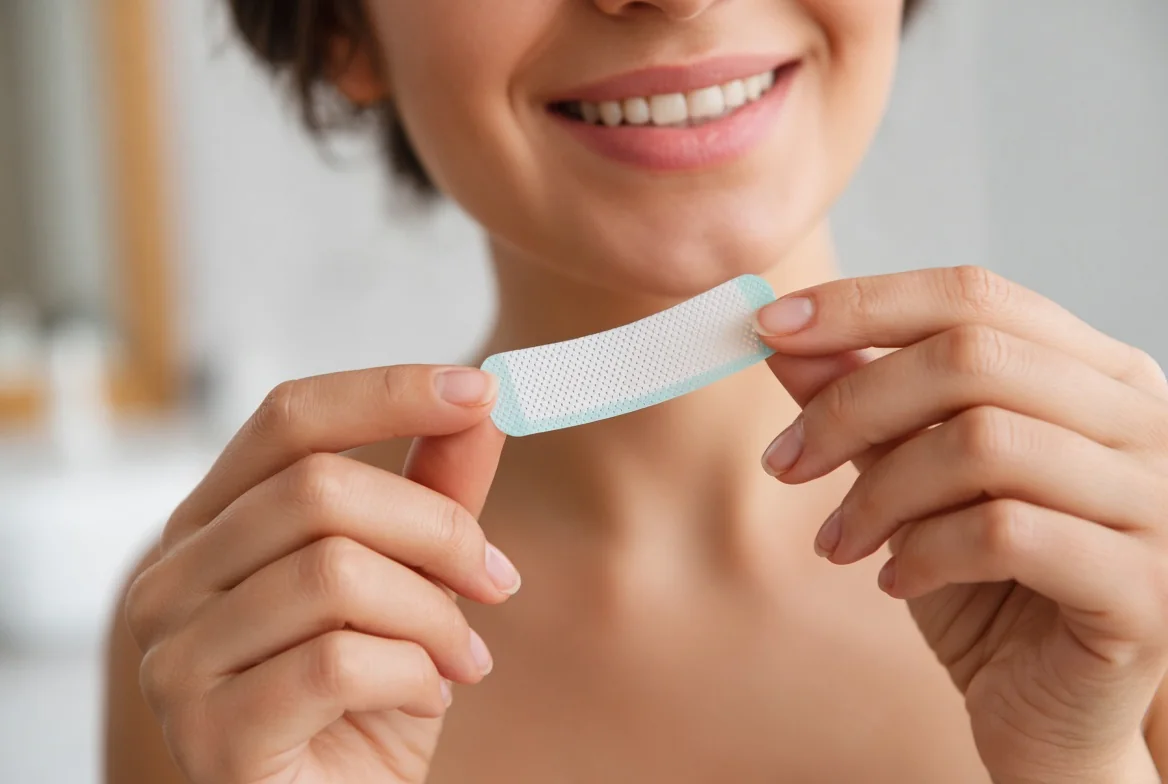 Woman smiling while holding a clear whitening strip between her fingertips